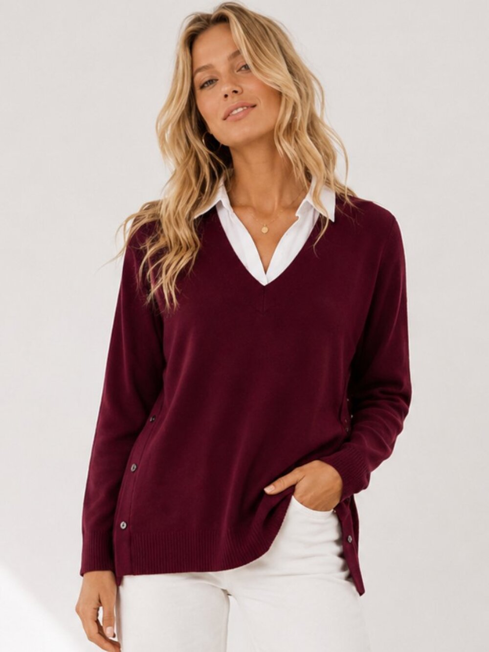 DENIM & CO Wine Collared 2fer Layered Look Side Button V-Neck Sweater XXS NWT